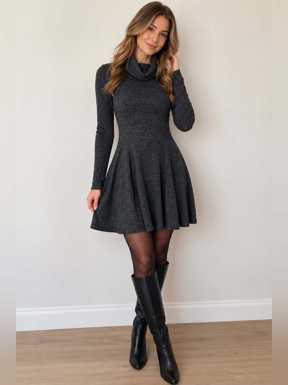 Saturday Sunday Anthropologie XS Charcoal Cowl Neck Fit Flare Sweater Dress